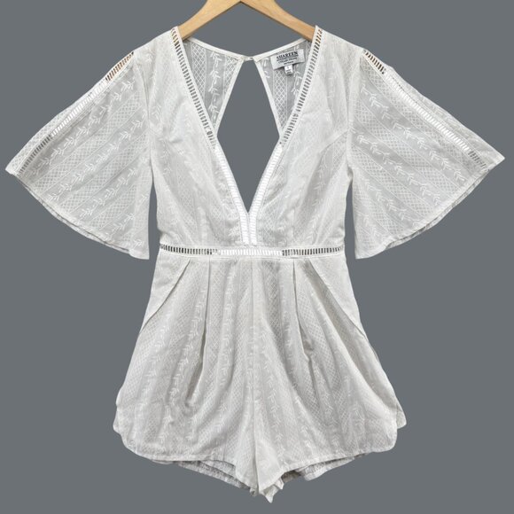 Shareen Collections Romper Womens White V Neck Bell Sleeve Tie Back Size 8 - Picture 3 of 13